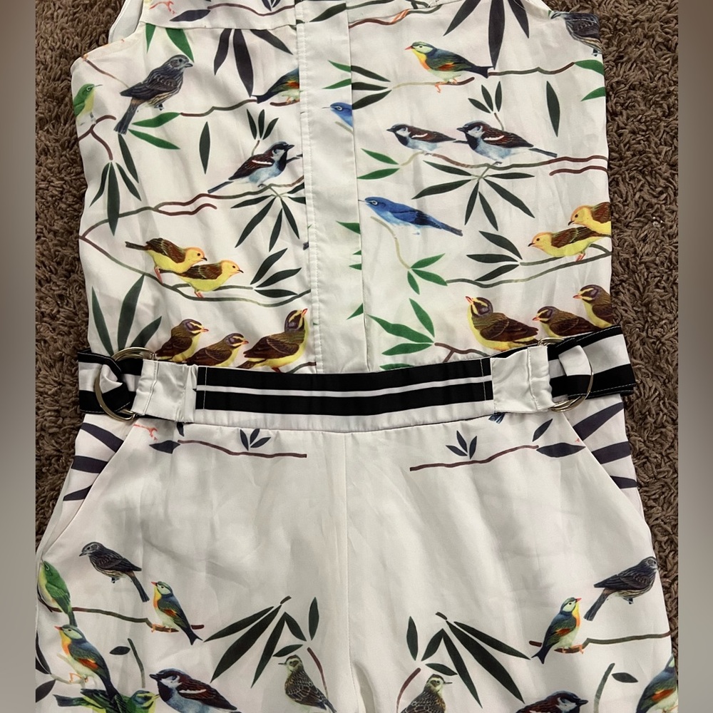 Designer unique boutique ERMIS sleeveless jumpsuit ROMPER birds bees floral Lg - Picture 3 of 7